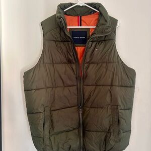 Tommy Hilfiger Olive Green Quilted Puffer Vest with Orange Lining